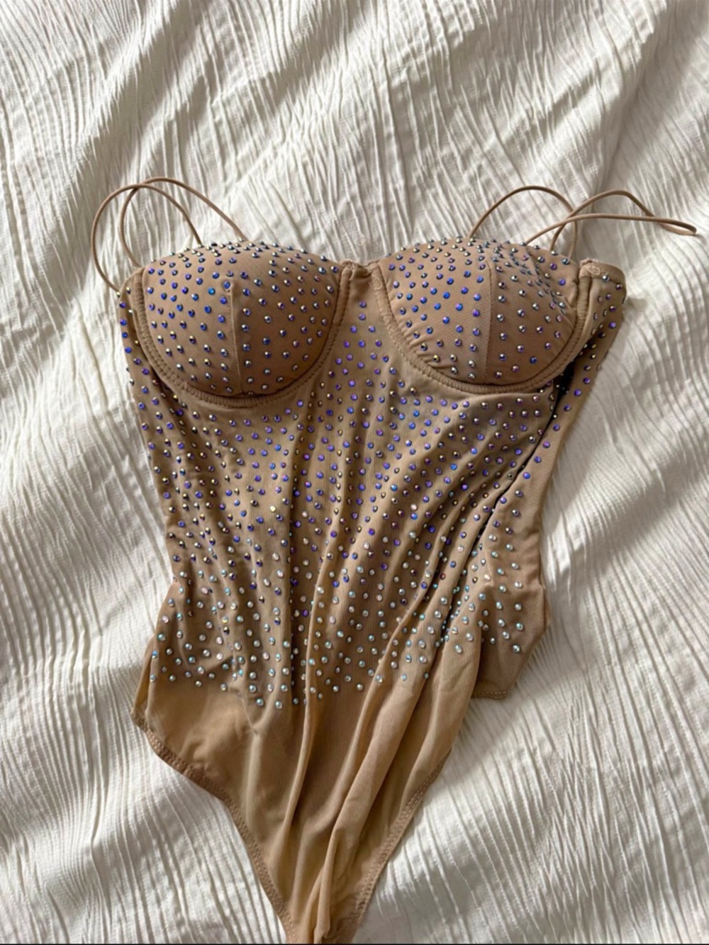Haute Monde Nude Bodysuit with Iridescent Rhinestones